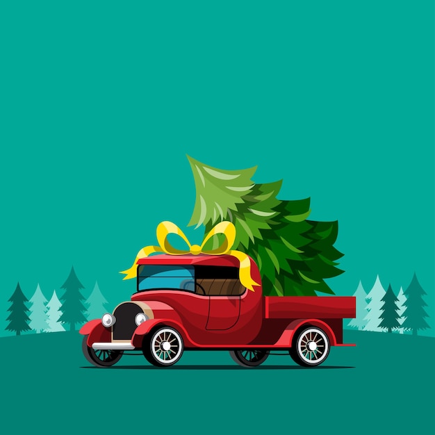 Merry Christmas Vector illustratie Retro pick-up truck Vintage stijl met kerstboom