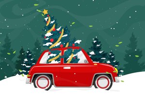 Merry christmas vector illustratie retro pick-up truck vintage stijl met kerstboom