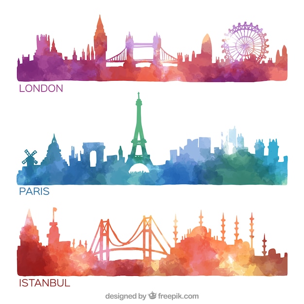 Gratis vector met de hand beschilderd stad skylines collectie