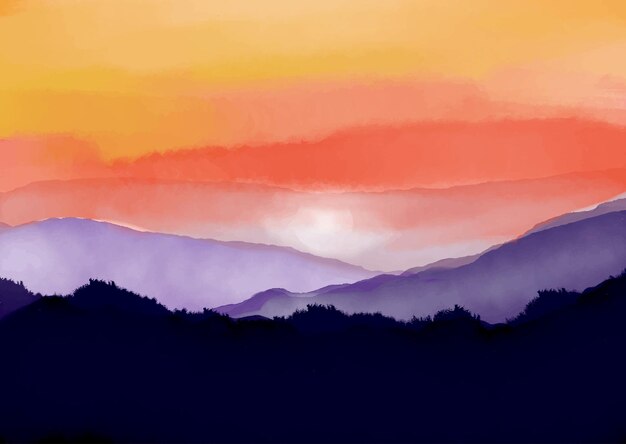 Met de hand geschilderd aquarel zonsondergang berglandschap