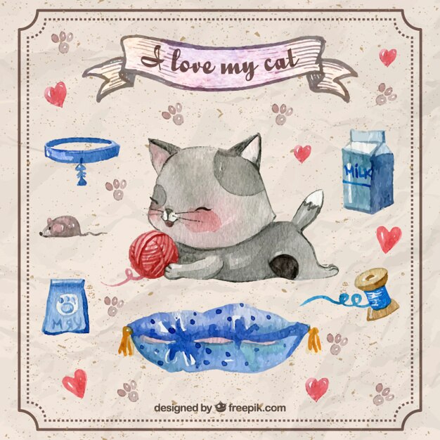Gratis Vector met de hand geschilderd katje spelen met een bal van wol en accessoires voor huisdieren