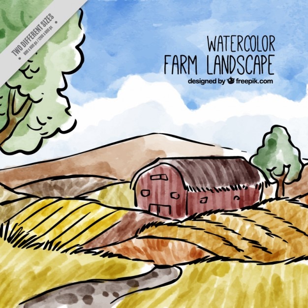 Gratis vector met de hand geschilderd landschap met een schuur