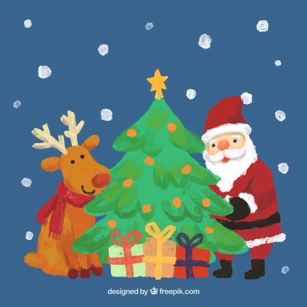 Met de hand geschilderd rendier, de kerstman en een kerstboom