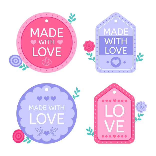 Gratis vector met de hand getekend gemaakt met liefde bloemen label set