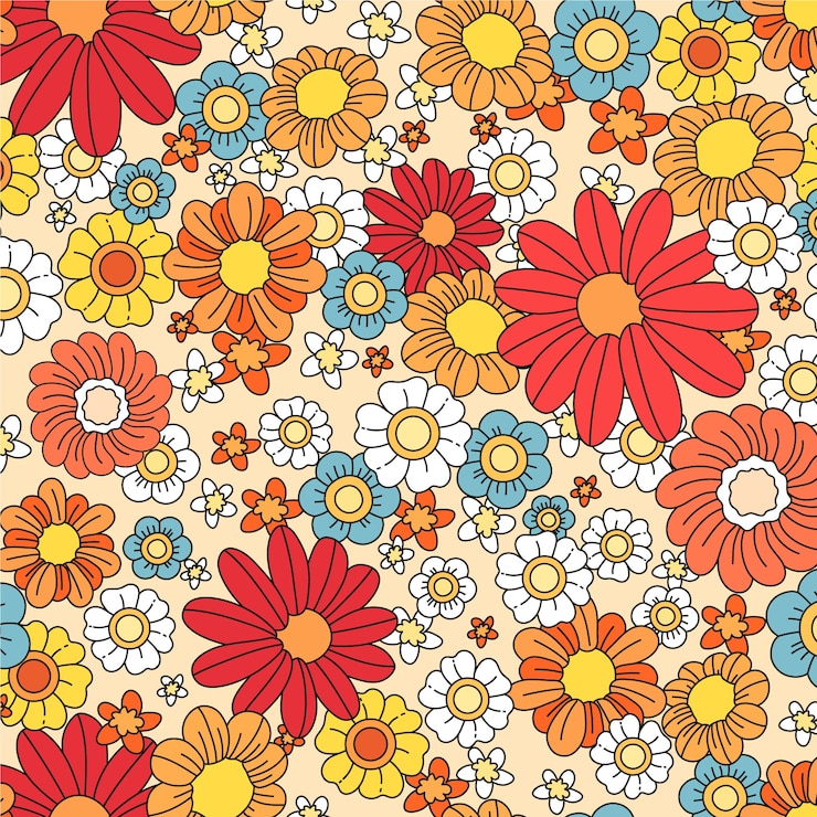 Gratis Vector met de hand getekend groovy bloemenpatroon