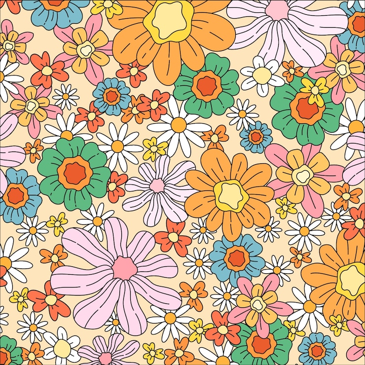 Gratis Vector met de hand getekend groovy bloemenpatroon