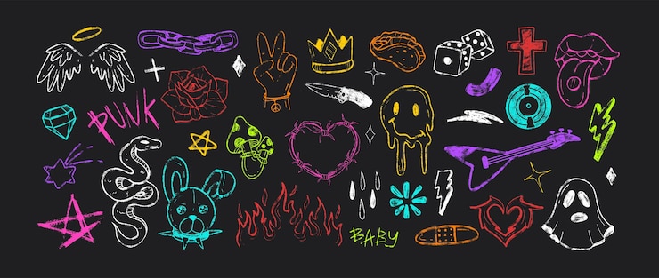 Gratis Vector met de hand getekend met krijt gekleurde rock n roll muziek iconen of houtskool graffiti doodle punk symbolen