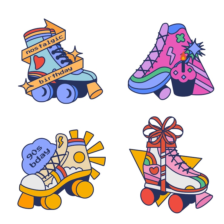Gratis Vector met de hand getekend nostalgisch verjaardagslabel en badges uit de jaren 90