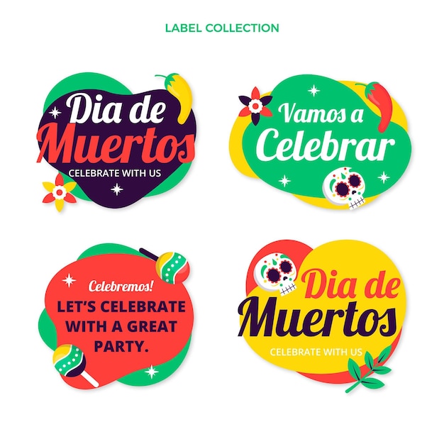 Met de hand getekend plat ontwerp dia de muertos label en badges