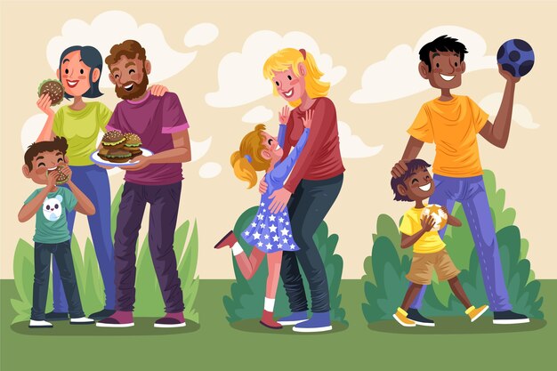 Met de hand getekend plat ontwerp van familiescènes
