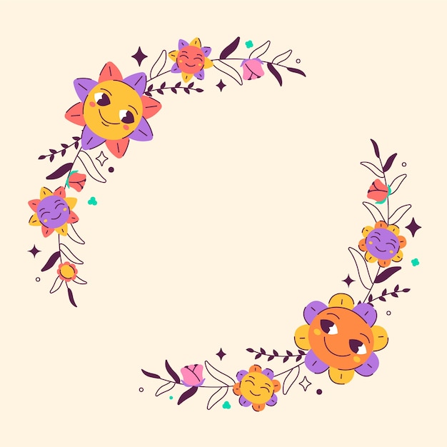 Gratis vector met de hand getekend smileygezicht bloemenframe