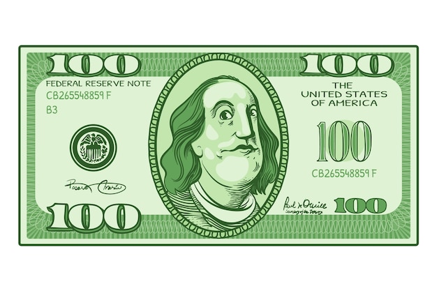 Met de hand getekende 100 dollar biljet cartoon illustratie