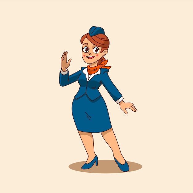 Met de hand getekende cartoon illustratie van een stewardess