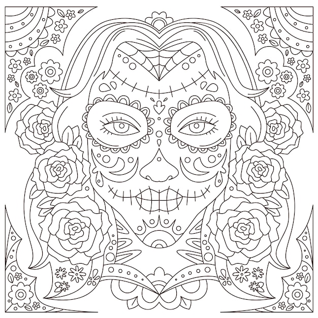 Gratis vector met de hand getekende dia de muertos catrina kleurplaat illustratie