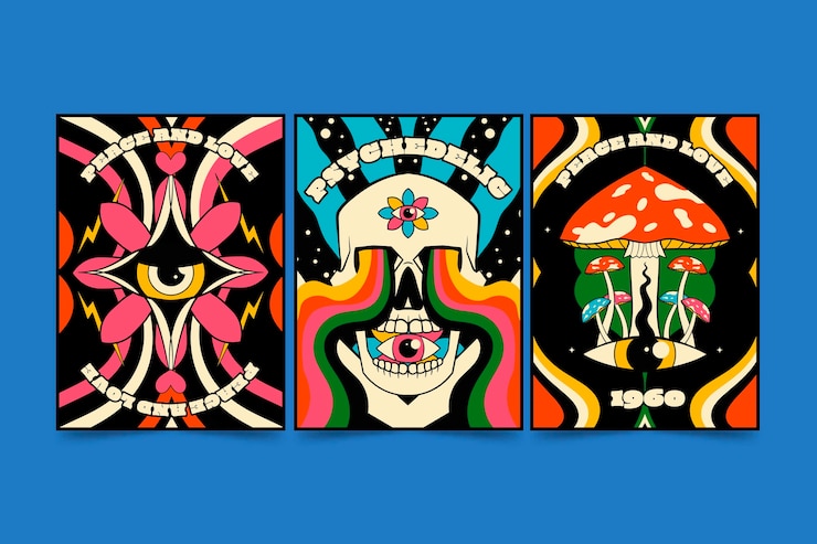 Gratis Vector met de hand getekende groovy psychedelische covers