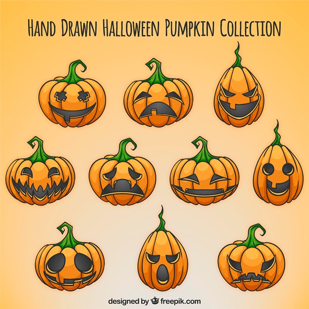 Gratis vector met de hand getekende halloween pompoen selectie