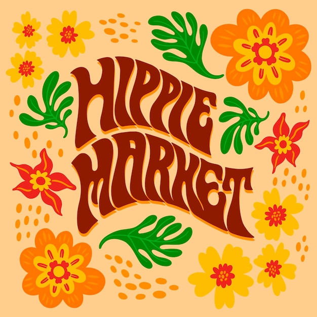 Gratis vector met de hand getekende hippie markt tekst illustratie