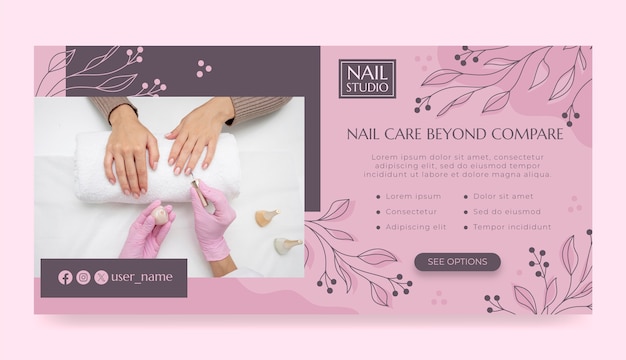 Gratis vector met de hand getekende horizontale banner van de nagelsalon