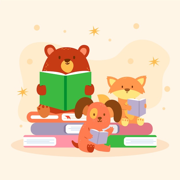 Gratis vector met de hand getekende kinderachtige dieren die illustratie lezen