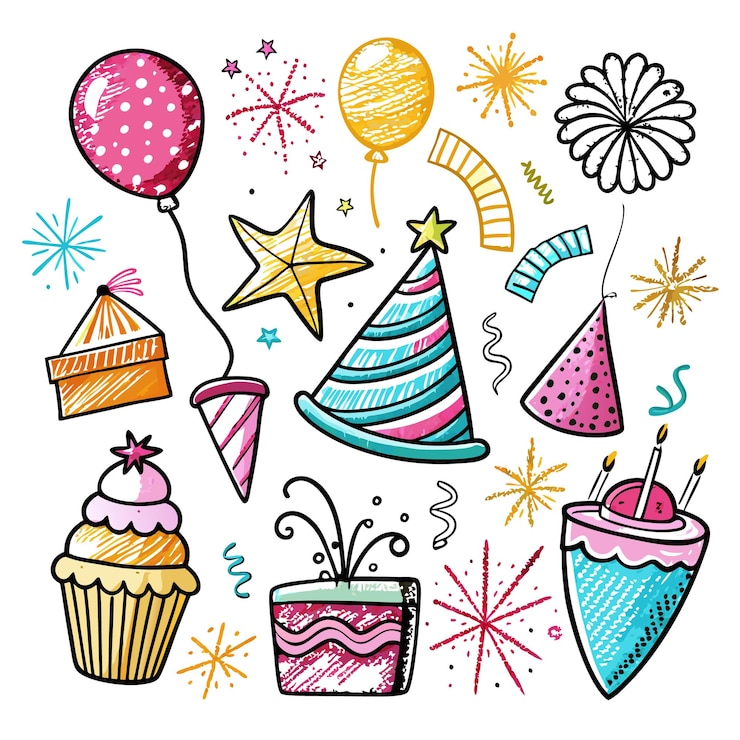Gratis Vector met de hand getekende kleurrijke doodle party elementen