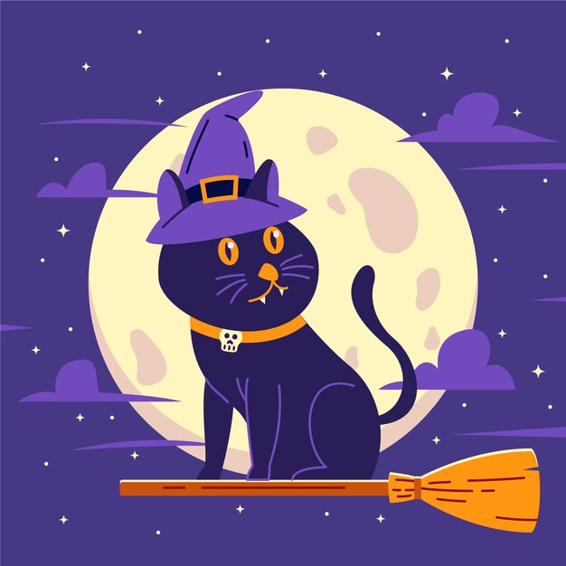 Met de hand getekende platte halloween kat illustratie