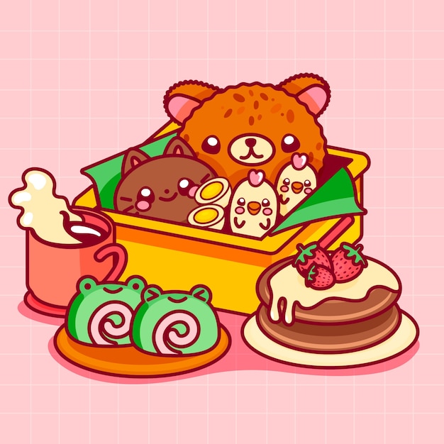 Met de hand getekende platte ontwerp kawaii voedingsmiddelen illustratie