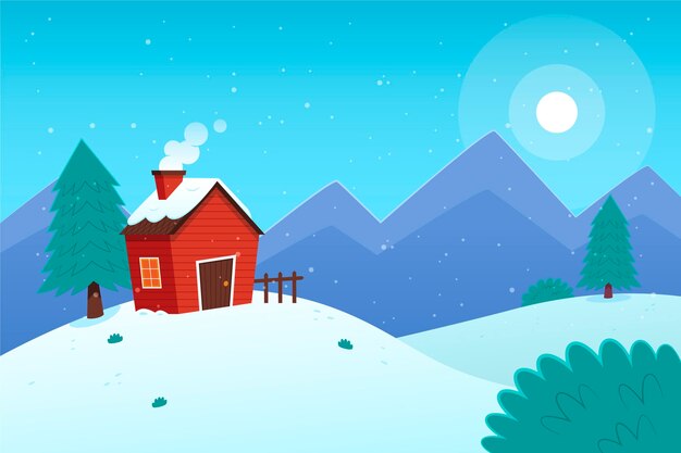Met de hand getekende platte winterlandschap illustratie
