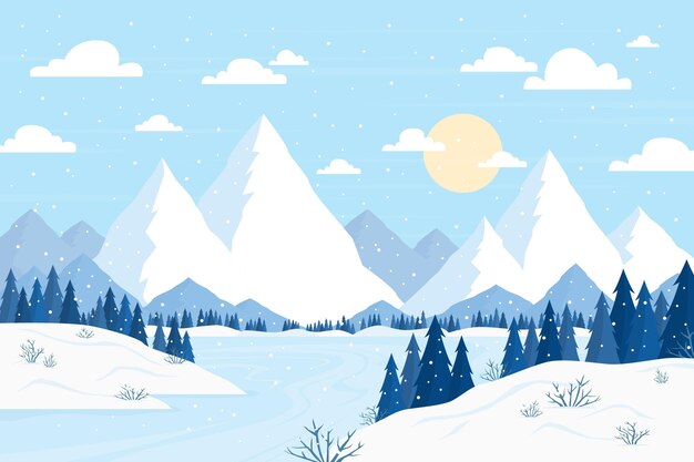 Met de hand getekende platte winterlandschap illustratie