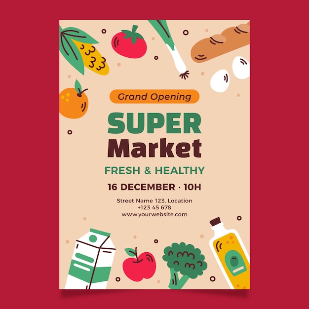 Gratis vector met de hand getekende poster van een supermarkt