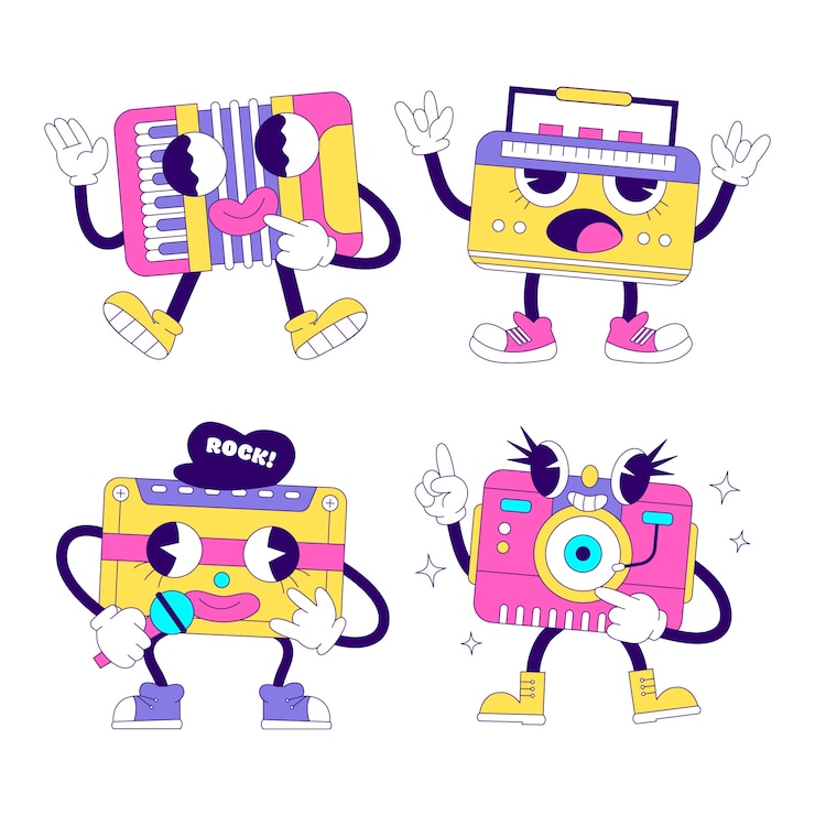 Gratis Vector met de hand getekende retro muziek personages cartoon illustratie