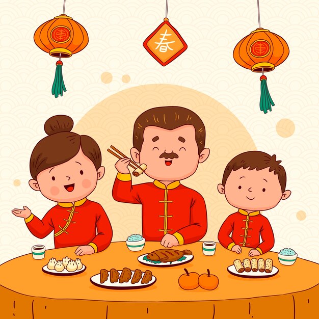 Met de hand getekende reünie diner illustratie voor de chinese nieuwjaarsviering
