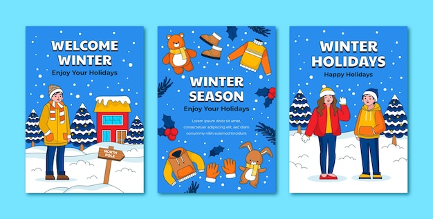 Gratis vector met de hand getekende wenskaarten voor het winterseizoen