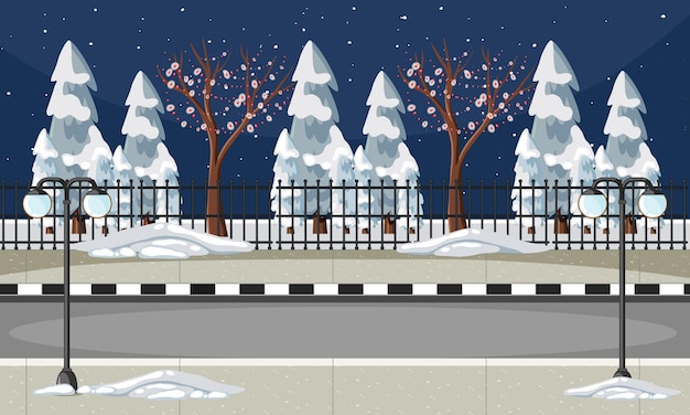 Gratis vector met sneeuw bedekte pijnbomen en straat in de stad