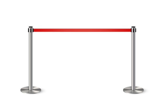 Metalen kolom barrière met rood touw zilver luxe VIP-ontwerpelement voor tentoonstelling paviljoen autoshow theater en bioscoop premier winnaar beloning ceremonie Guard object geïsoleerd op witte achtergrond