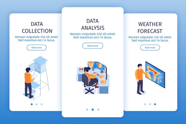 meteorologische centrum verticale banners set met pagina schakelknoppen, lees meer knoptekst