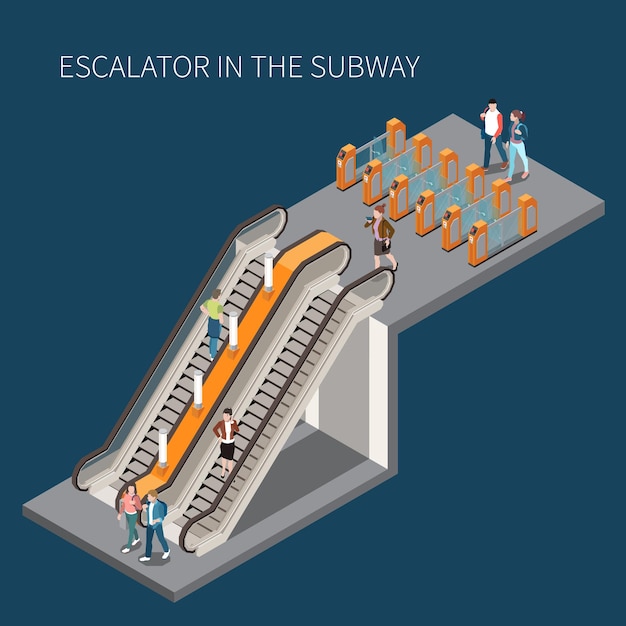 Metro ondergrondse metro toegang met tourniquet tarief poorten passagiers aflopende oplopende trappen en roltrap isometrische illustratie