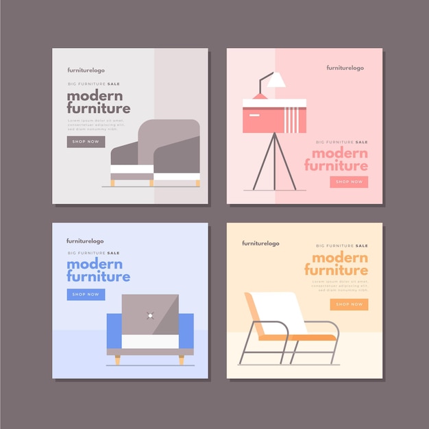 Gratis vector meubelverkoop ig posts pack met afbeelding