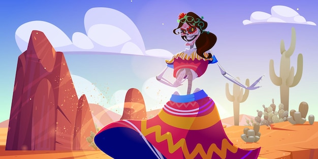 Mexicaanse dag van de dode achtergrond met skelet dans in woestijn Cartoon vectorillustratie van woestijnlandschap in Mexico met zand rotsen cactussen en spooky vrouw Calavera Catrina