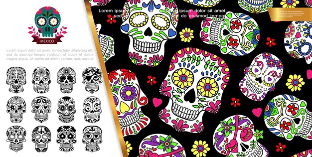 Mexicaanse dag van de doden concept met kleurrijke en zwart-wit stijl suikerschedels met hartjes en bloemen ornament illustratie,