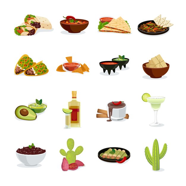 Mexicaanse gerechten gerechten snacks en drankjes plat pictogrammen instellen