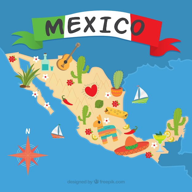 Gratis vector mexicaanse kaart met culturele elementen