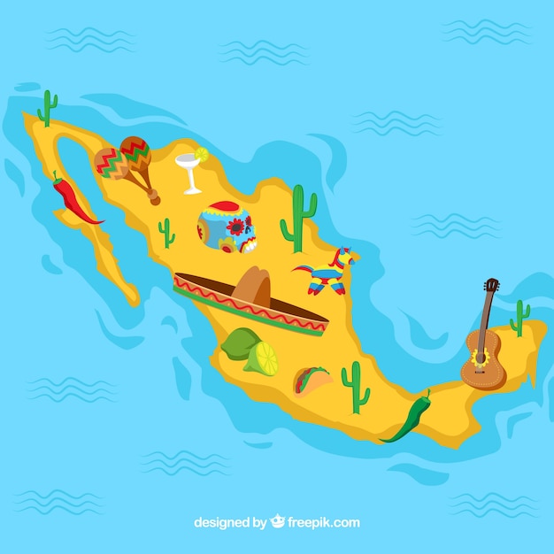 Gratis vector mexicaanse kaart met culturele elementen