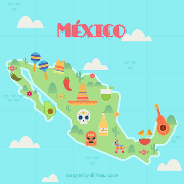 Gratis vector mexicaanse kaart met culturele elementen