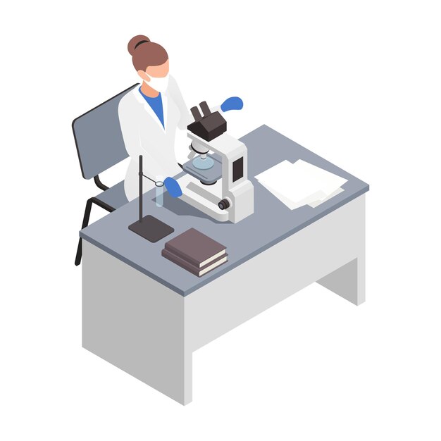 Microbiologie biotechnologie isometrische samenstelling met vrouwelijk karakter van arts die onderzoek uitvoert met microscoop