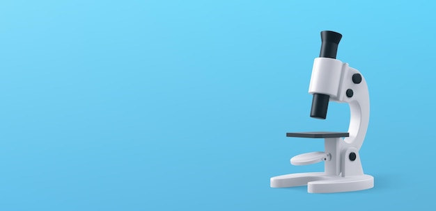 Gratis vector microscoopapparatuur voor wetenschap of medisch laboratorium 3d optisch instrument voor scheikunde en biologie onderzoek onderwijs en geneeskunde witte microscoop op blauwe achtergrond vectorillustratie