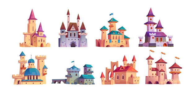 Gratis vector middeleeuws kasteel icoon vector cartoon koninkrijk set oude sprookjesfort en fantasie gebouw architectuur buiten geïsoleerde citadel collectie ontwerp met vlag prinses toren tekening illustratie