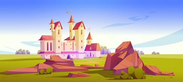 Gratis vector middeleeuws kasteel op het groene sprookjespaleis