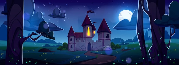 Gratis vector middeleeuws kasteel 's nachts zomerlandschap vector cartoon illustratie van sprookjesrijk oud koninklijk paleis met licht in stenen toren ramen maan gloeiend in sterrenhemel fantasie vuurvliegjes in weide