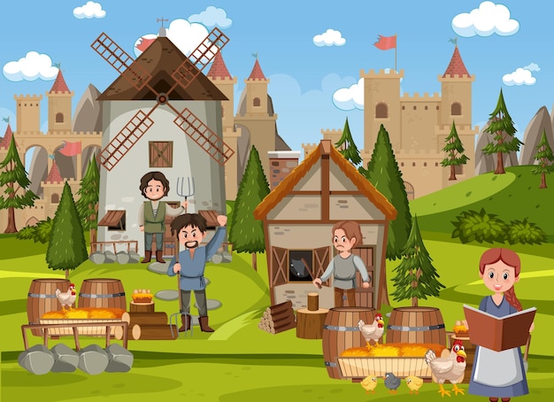 Middeleeuws stadsbeeld met dorpelingen