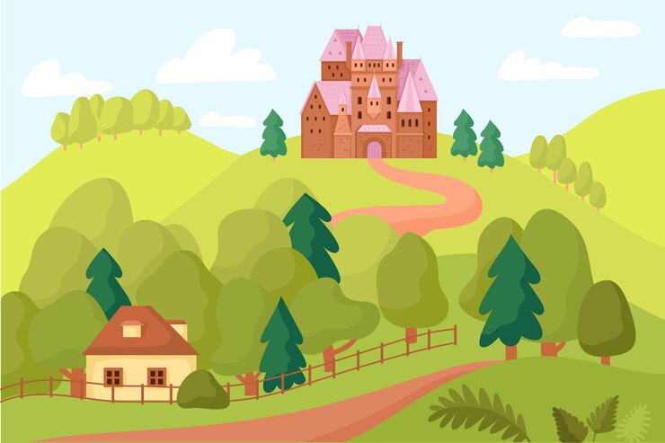 Gratis Vector middeleeuwse koninkrijkssamenstelling met openluchtdorpsweglandschap met kleine huisbomen en kasteel op heuvel vectorillustratie
